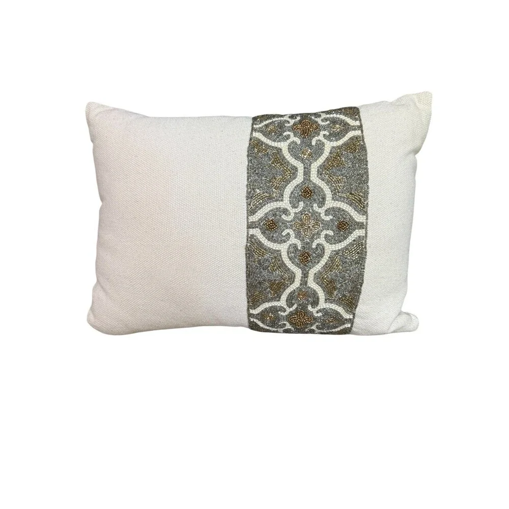 Pier 1 Beaded Pillow Rectangle Beige Gold Silver